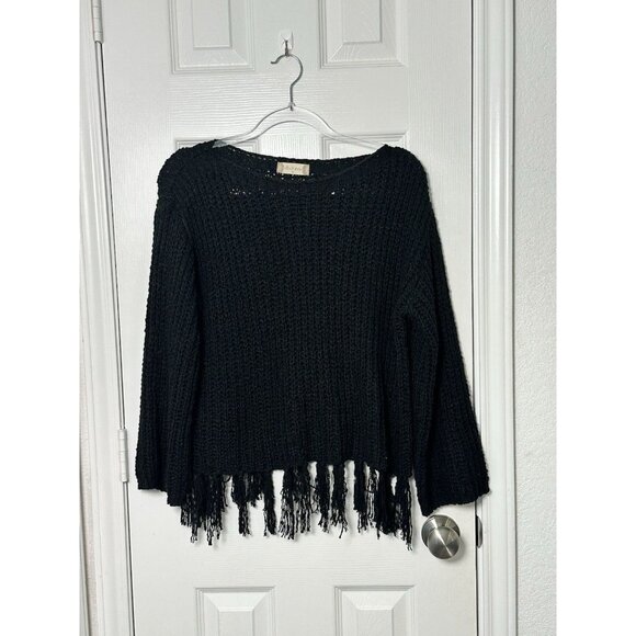 Altar’d State Women’s Knit Cropped Fringe Hem Oversized Sweater Black Sz XS - Picture 1 of 10